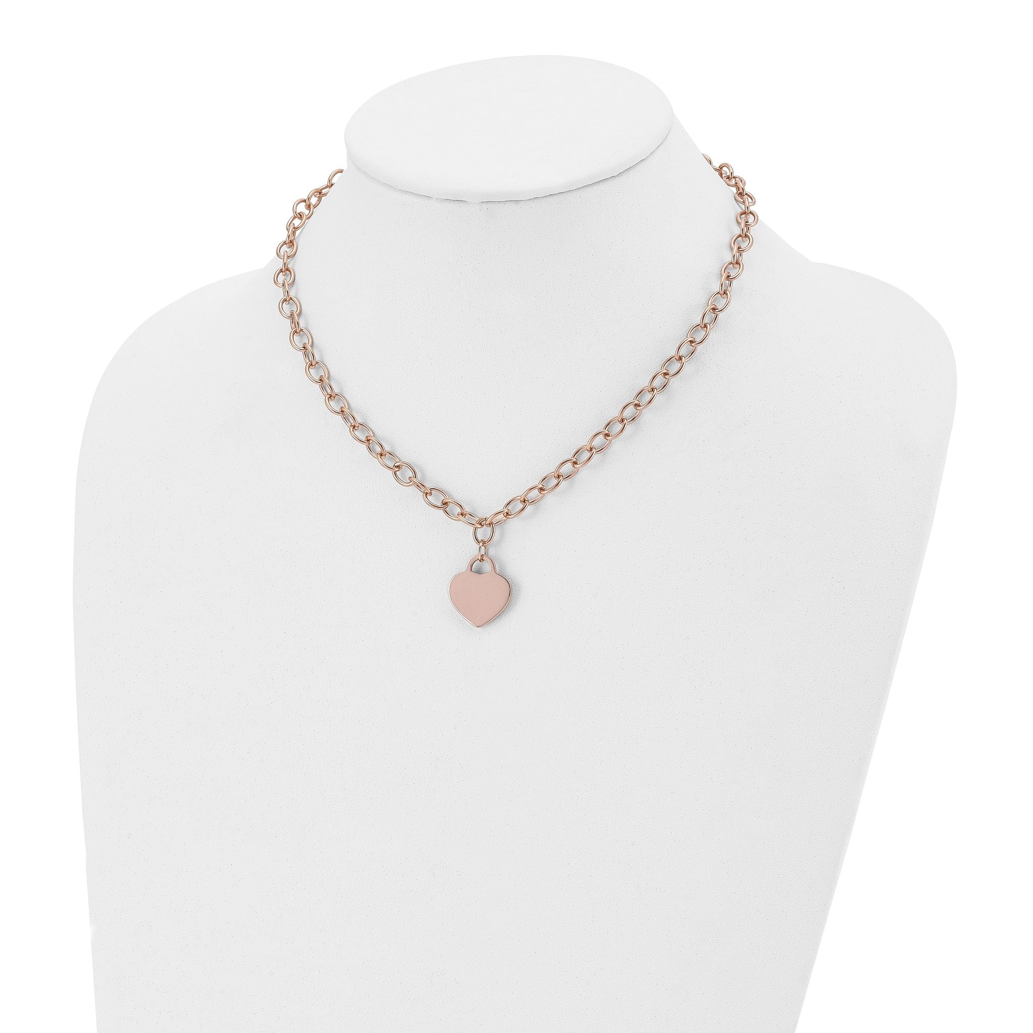 Chisel Stainless Steel Polished Rose IP-plated Heart Pendant on a 16 inch Open Link Chain with .5 inch Extension Necklace