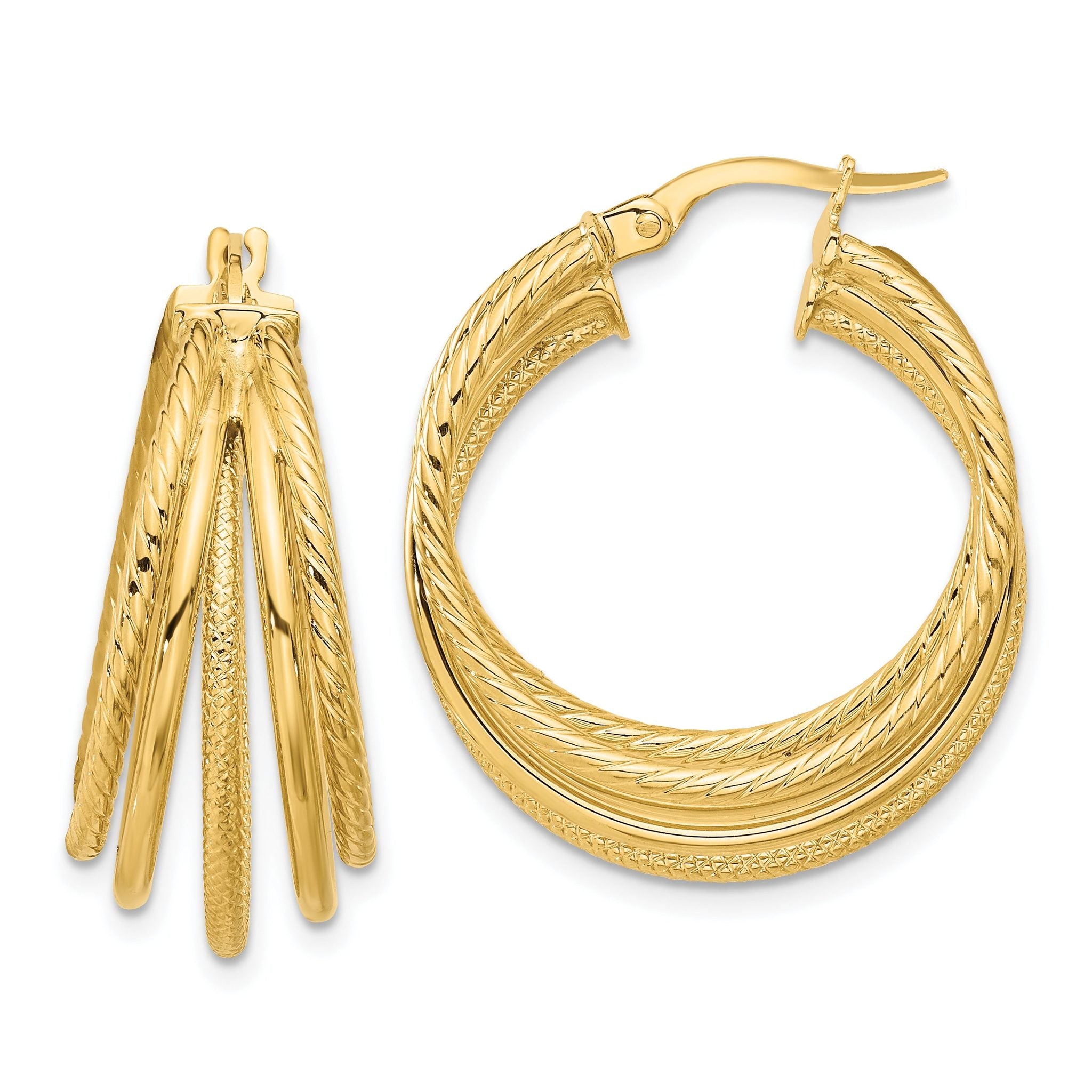 14K Polished and Multi Textured Hoop Earrings Main image