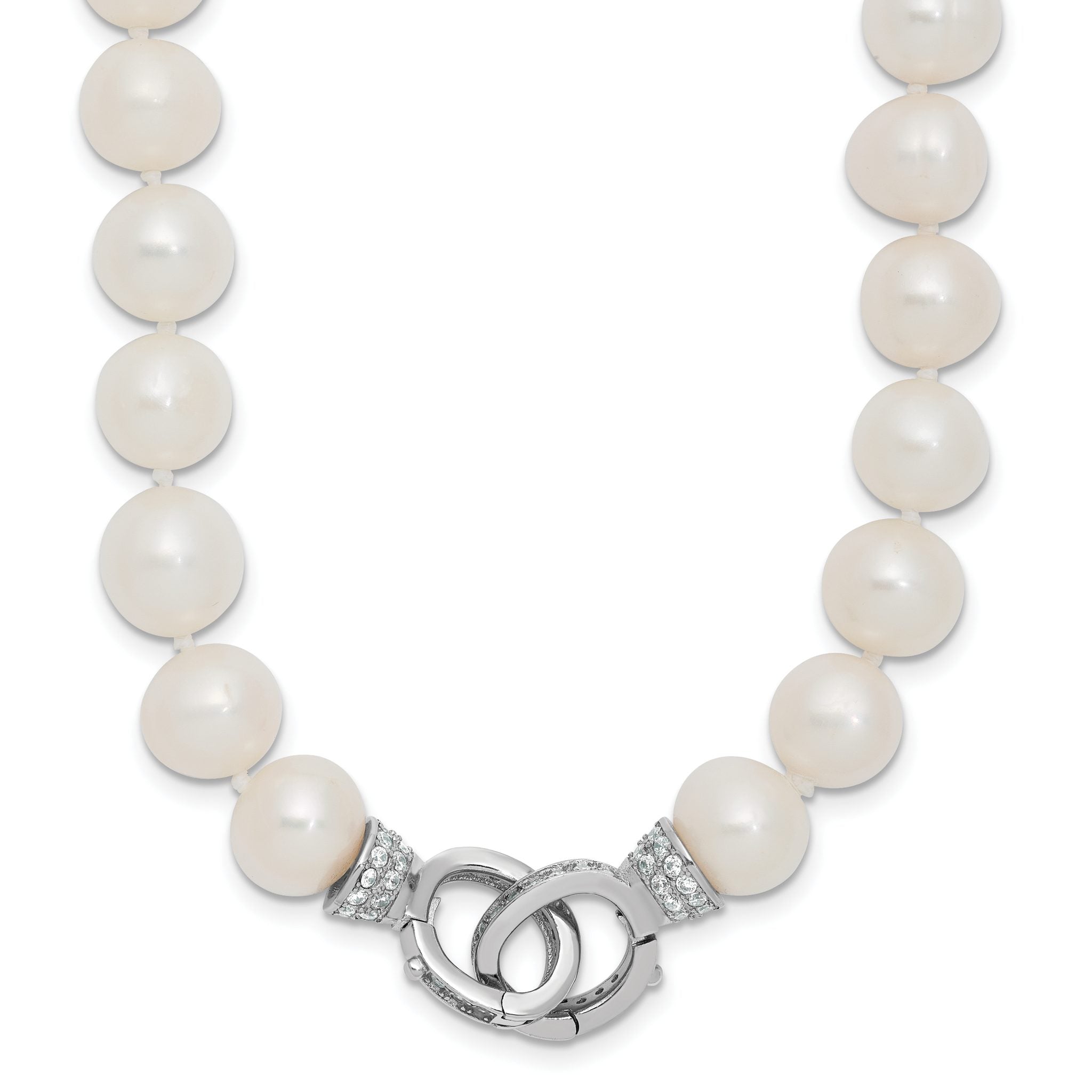 Sterling Silver Rhodium-plated 9-10mm White Near-Round Freshwater Cultured Pearl and CZ Clasp Adjustable 18 inch Necklace Main image