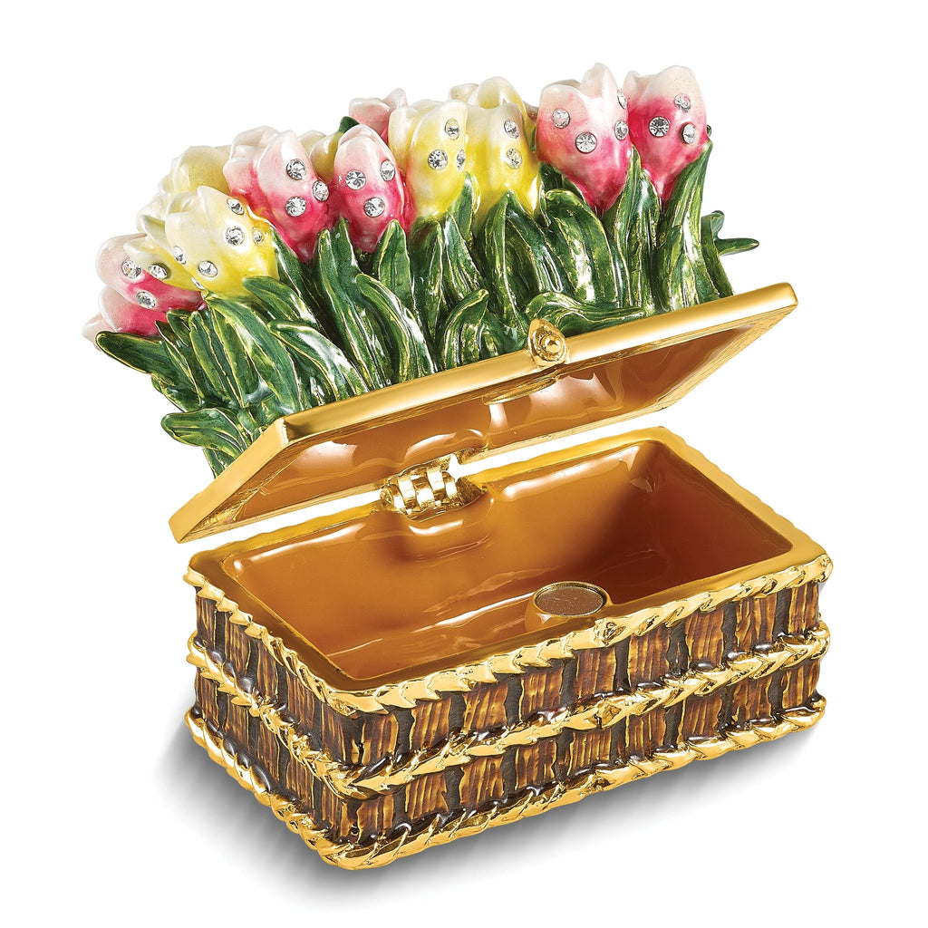 Luxury Giftware by Jere Bejeweled LOVELY SURPRISE Basket of Tulips Trinket Box with Ring Insert and Matching 18 inch Necklace