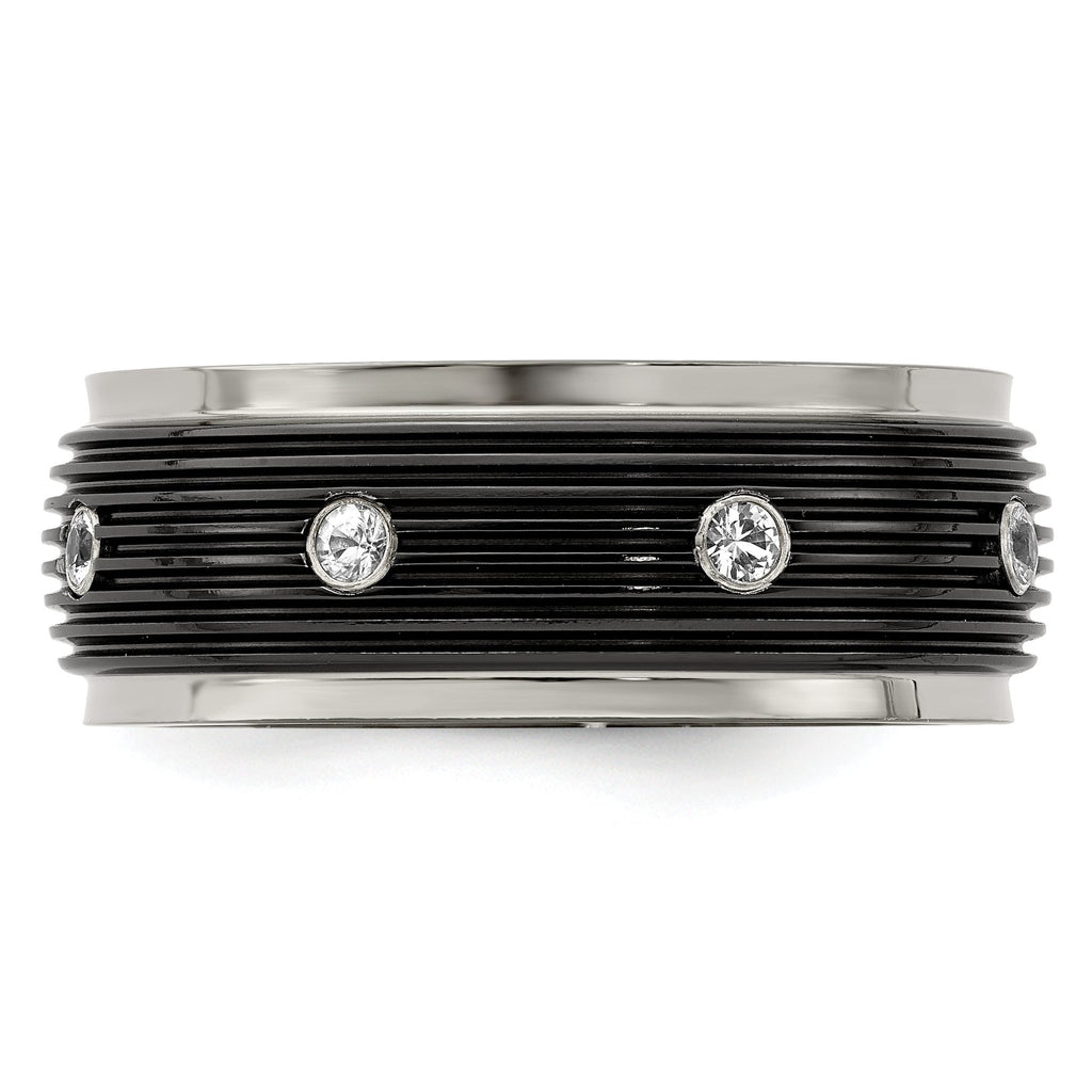 White Sapphire Grooved Wedding Band in Titanium, 9mm
