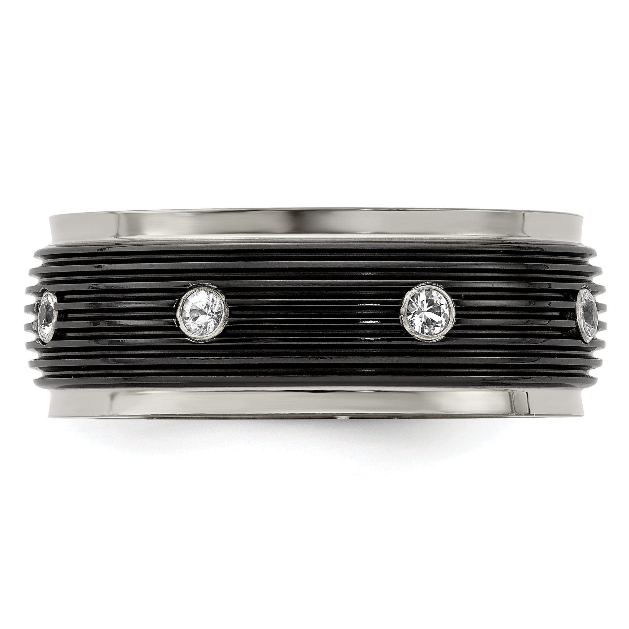 White Sapphire Grooved Wedding Band in Titanium, 9mm