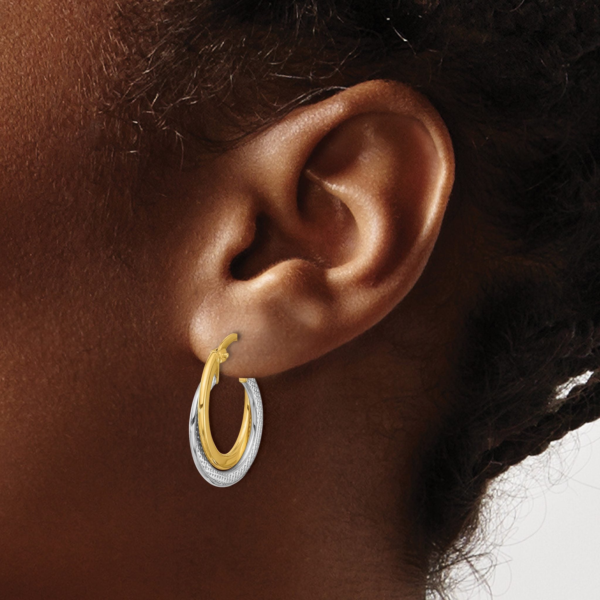 10K with Rhodium Polished and Textured Fancy Hoop Earrings