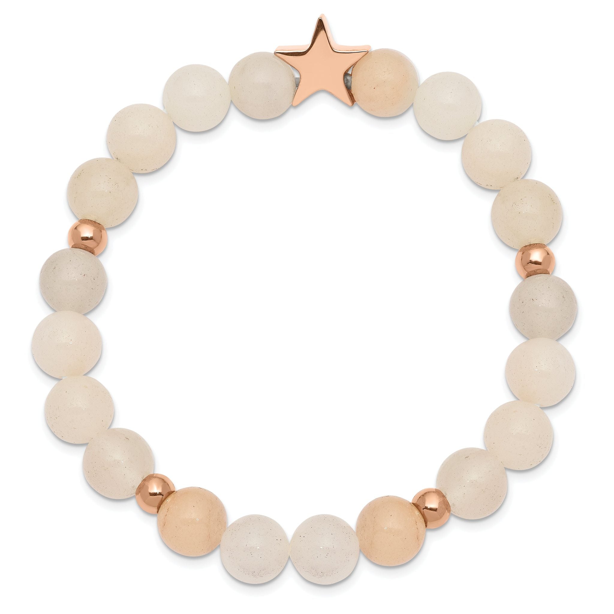Stainless Steel Polished Rose IP-plated Star 8.5mm Pink and White Aventurine Beaded Stretch Bracelet for Women