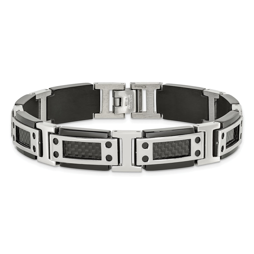 Stainless Steel Polished Black IP-plated with Black Carbon Fiber Inlay Link Bracelet for Men