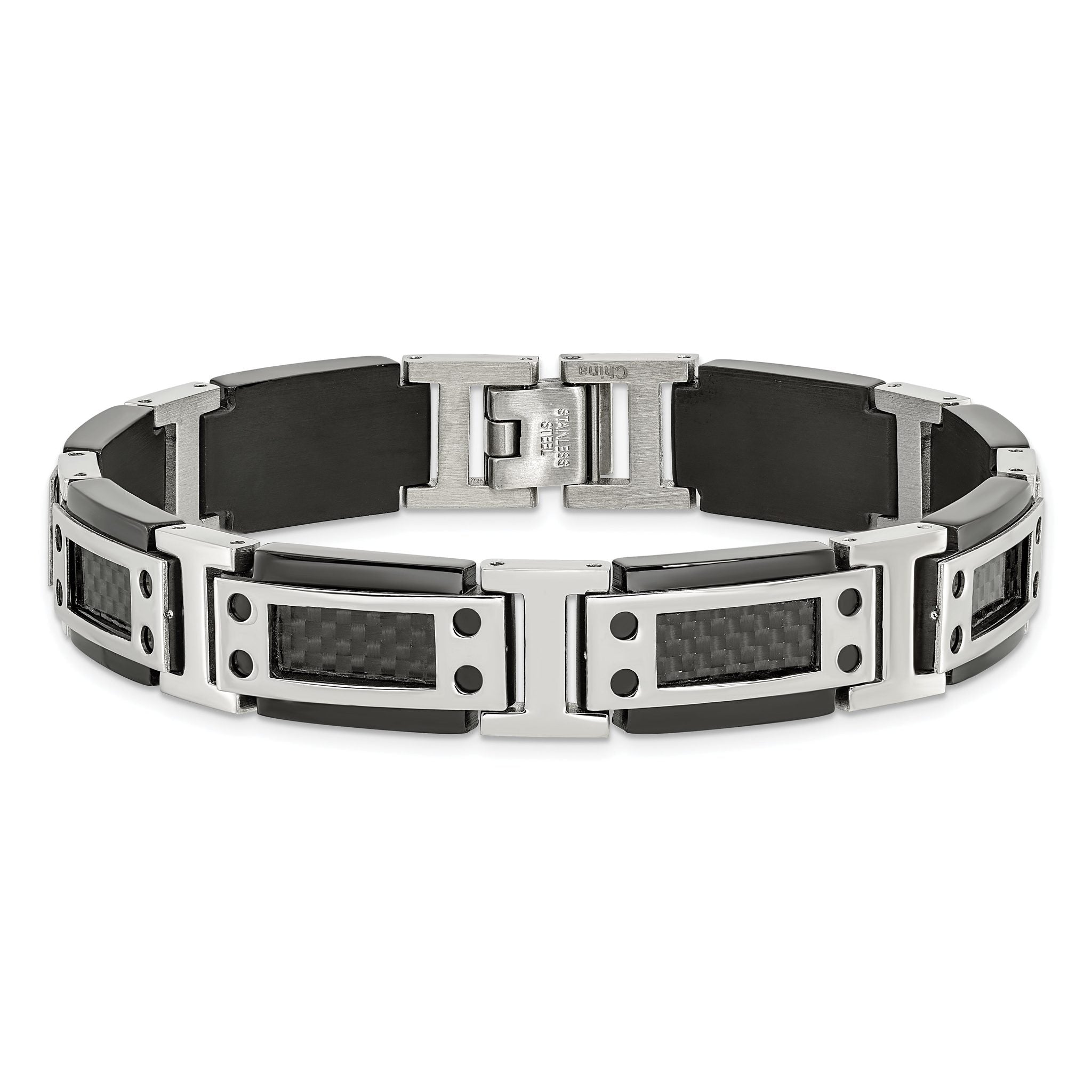 Stainless Steel Polished Black IP-plated with Black Carbon Fiber Inlay Link Bracelet for Men
