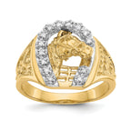 14k Two-tone1/6 carat AA Diamond Horseshoe with Horse in Center Mens Ring