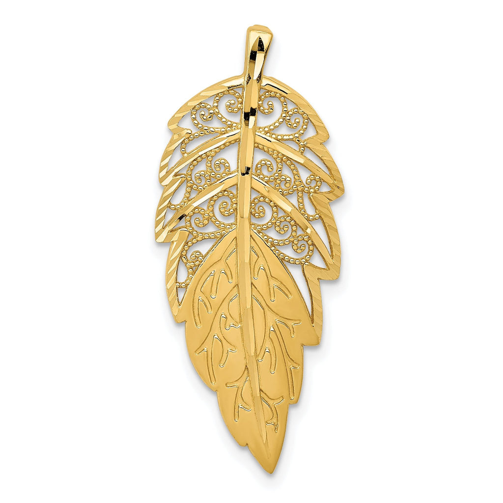 14K Yellow Gold Diamond Cut Leaf Slide Pendant Elegant Textured Design