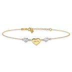 14K Two-tone Diamond-cut and LOVE Puffed Heart 9 inch Plus 1 inch Extender - Total 10 inch Anklet