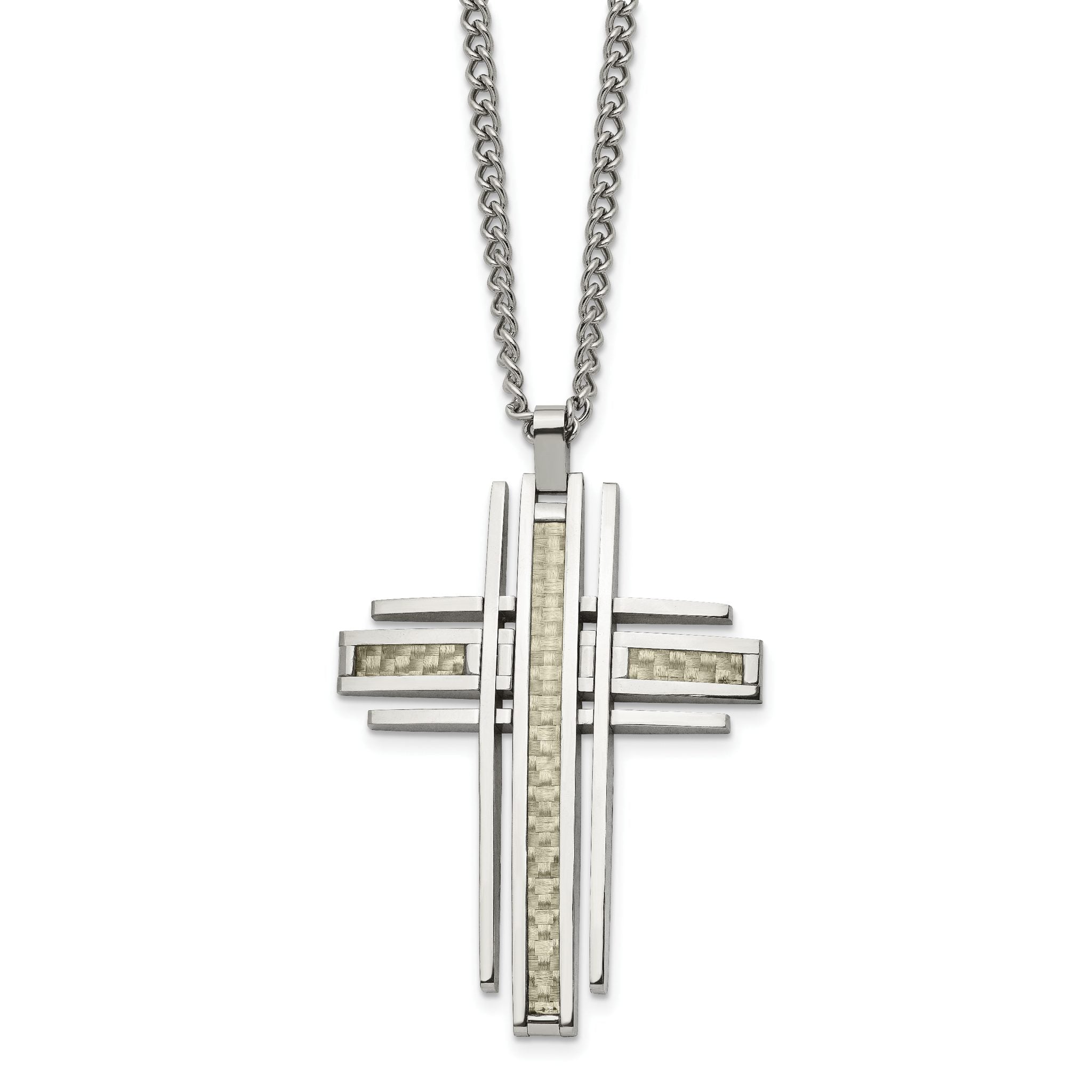 Chisel Stainless Steel Polished with Grey Carbon Fiber Inlay Cross Pendant on a 24 inch Curb Chain Necklace Main image