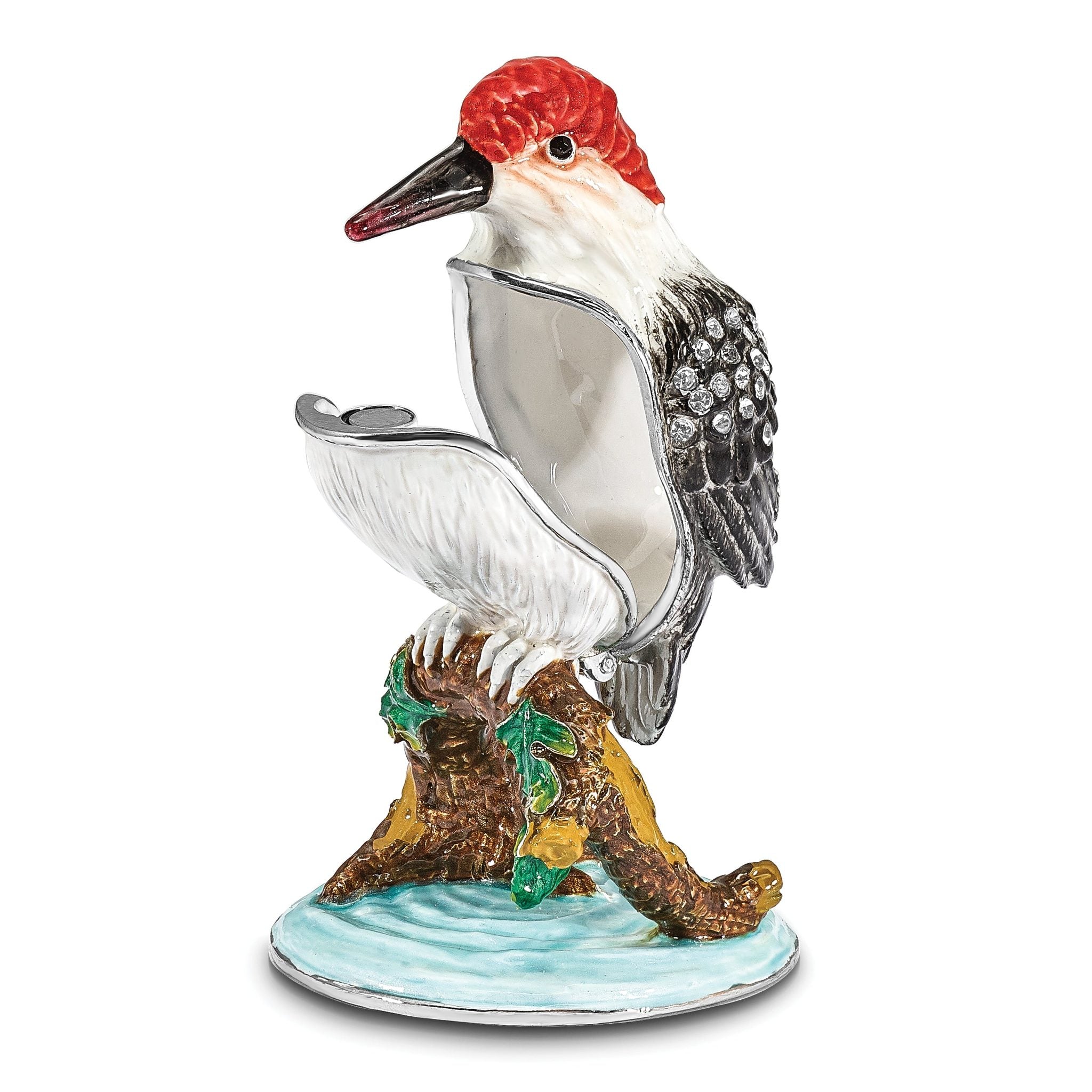 Luxury Giftware by Jere Pewter Bejeweled Crystals Silver-tone Enameled WOODROW Woodpecker Trinket Box with Matching 18 Inch Necklace Secondary image