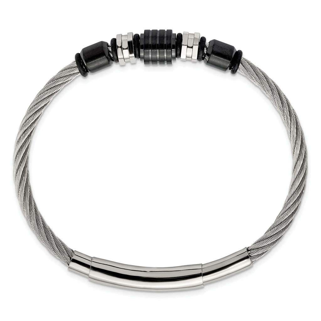 Stainless Steel Brushed and Polished Black IP-plated and Black Rubber Adjustable 8 to Bracelet