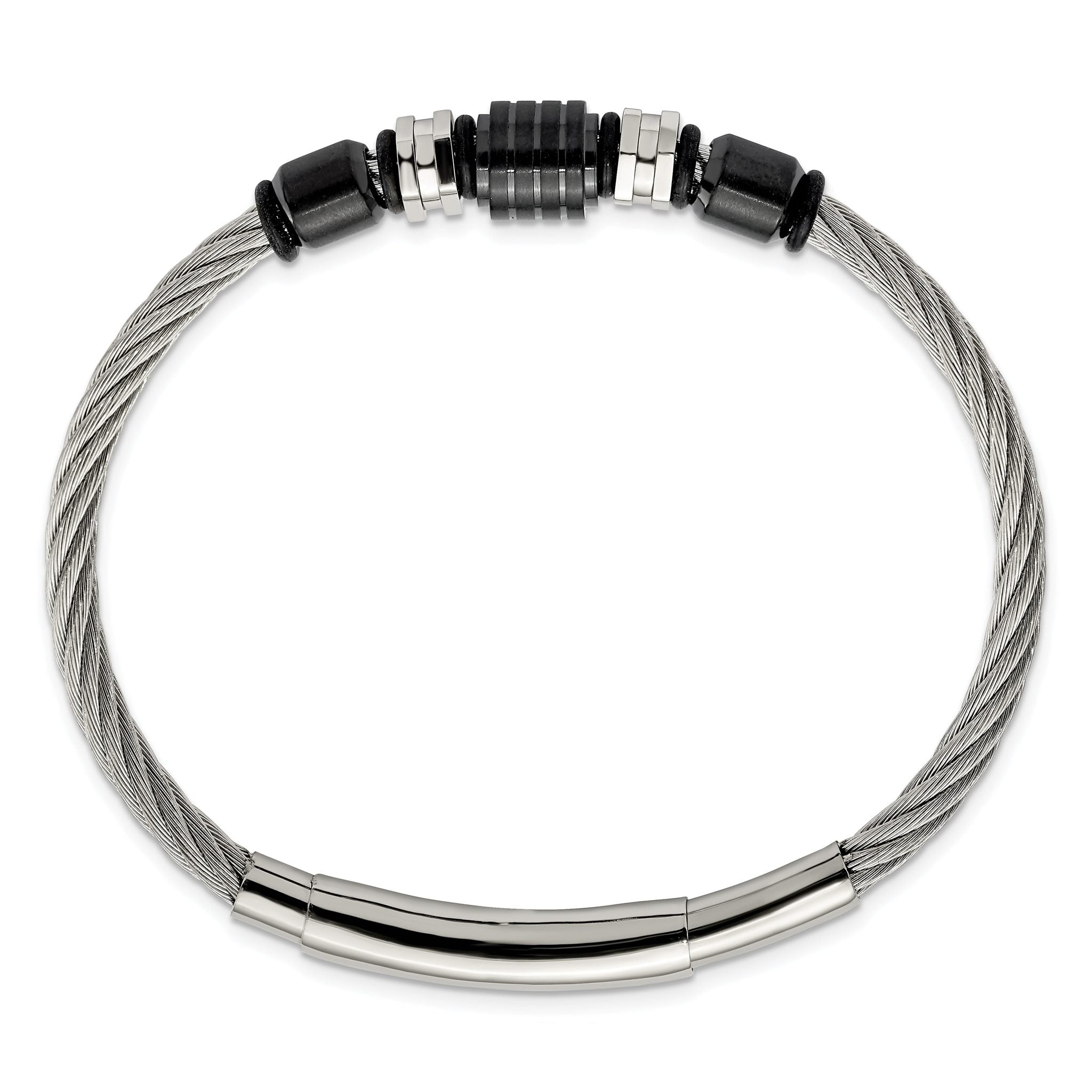 Stainless Steel Brushed and Polished Black IP-plated and Black Rubber Adjustable 8 to Bracelet