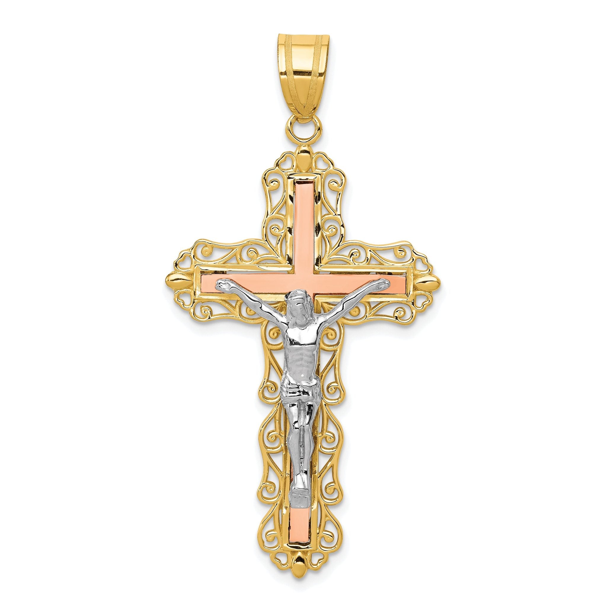 14K Tri-color Diamond-cut Crucifix Pendant Main image