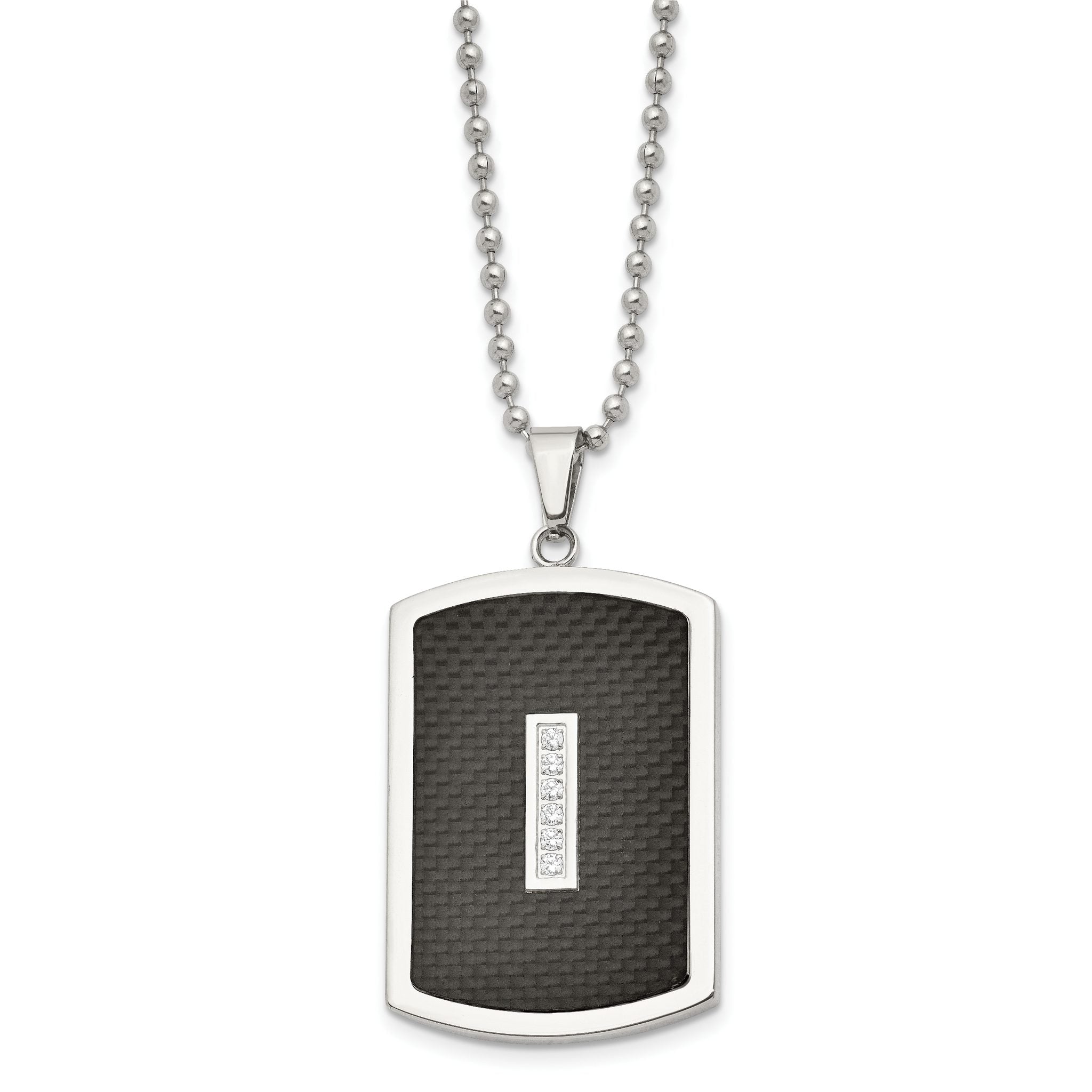 Stainless Steel 22in Polished w/CZ & Black Carbon Fiber Inlay Necklace Main image