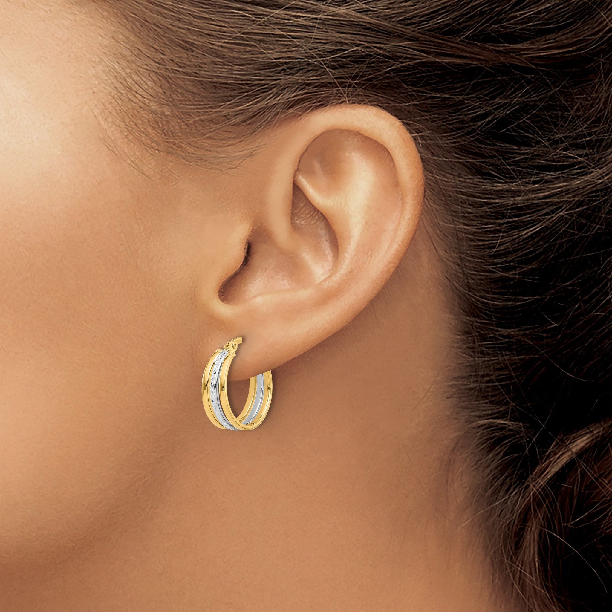 14K Two-tone Polished and Diamond-cut Fancy Hoop Earrings