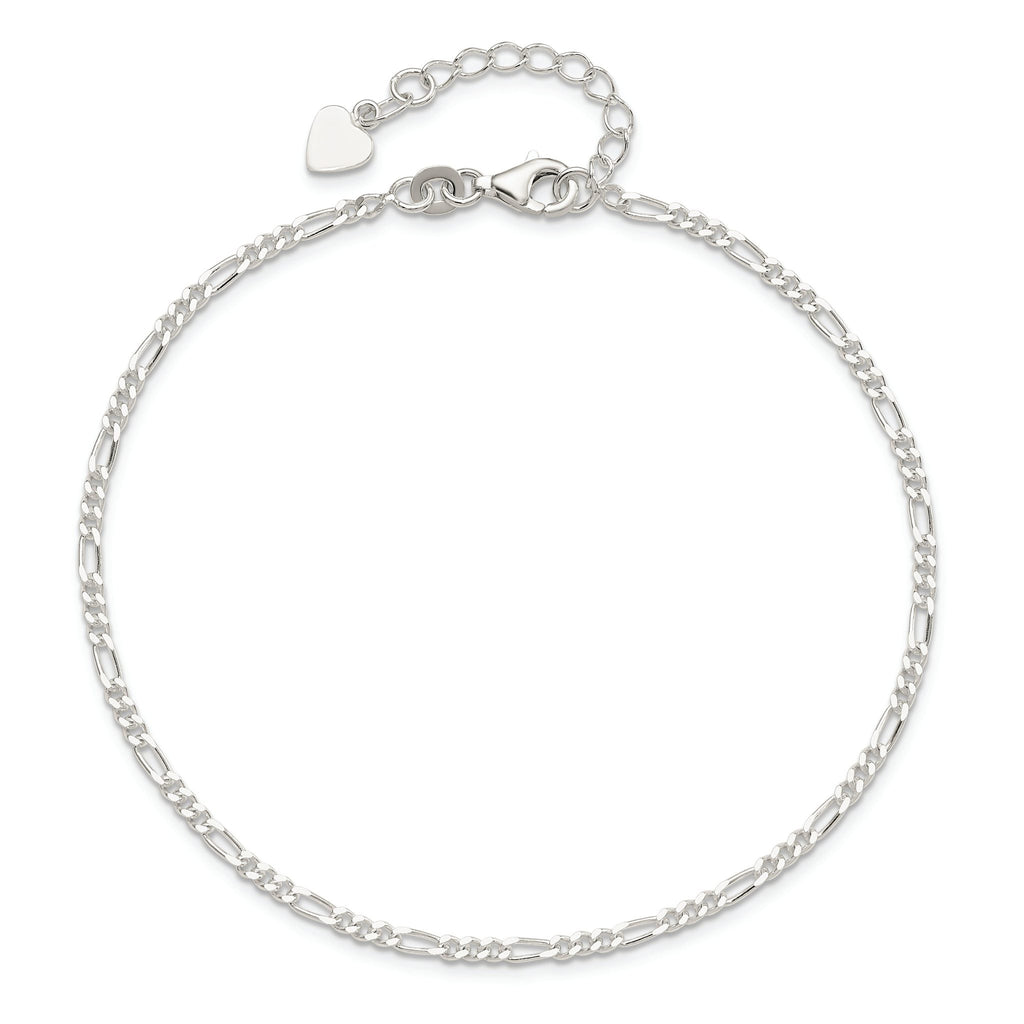 Sterling Silver Figaro Chain 9 inch Plus 1 inch Extender - Total 10 inch Anklet