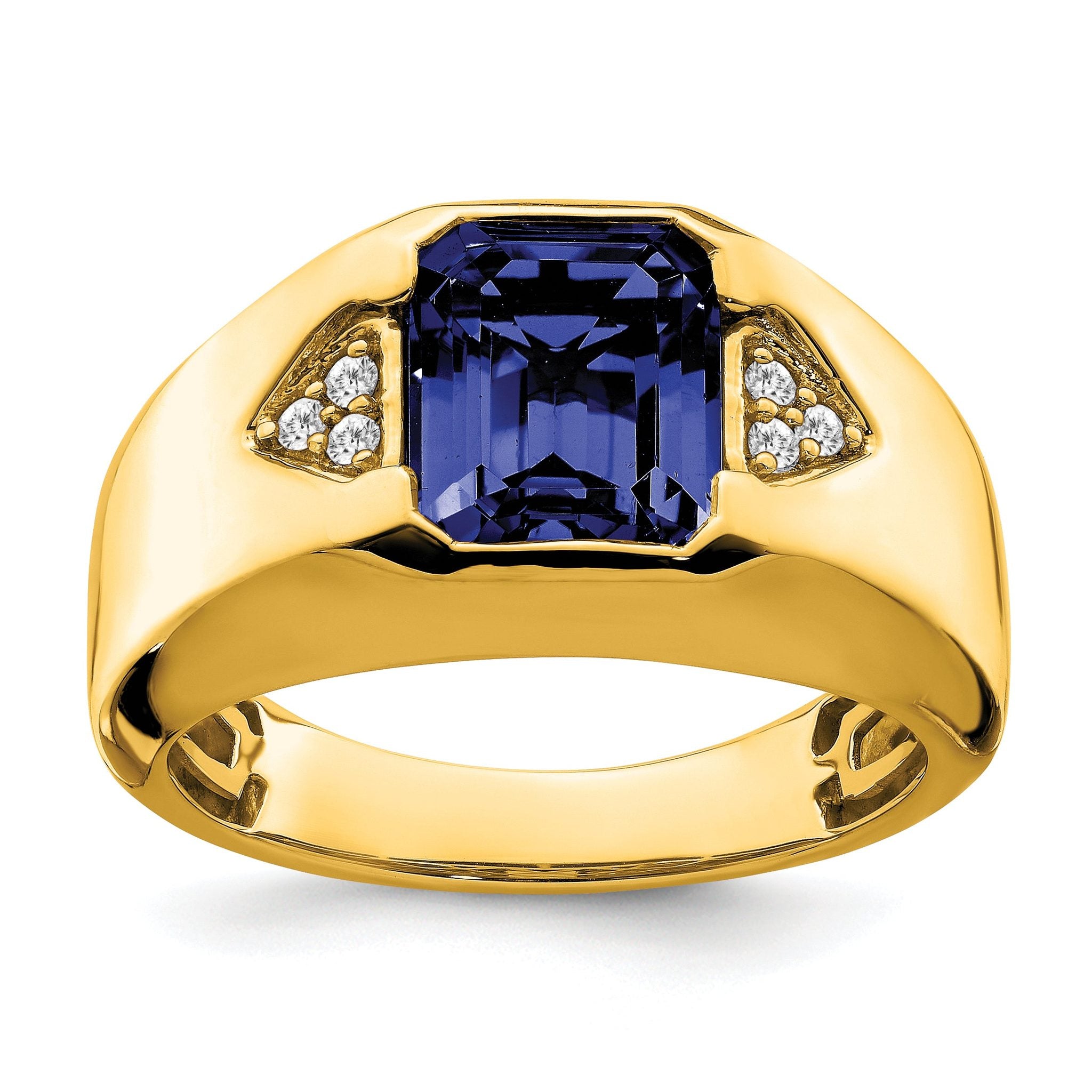 14k Emerald-cut Created Sapphire and Diamond Mens Ring Main image