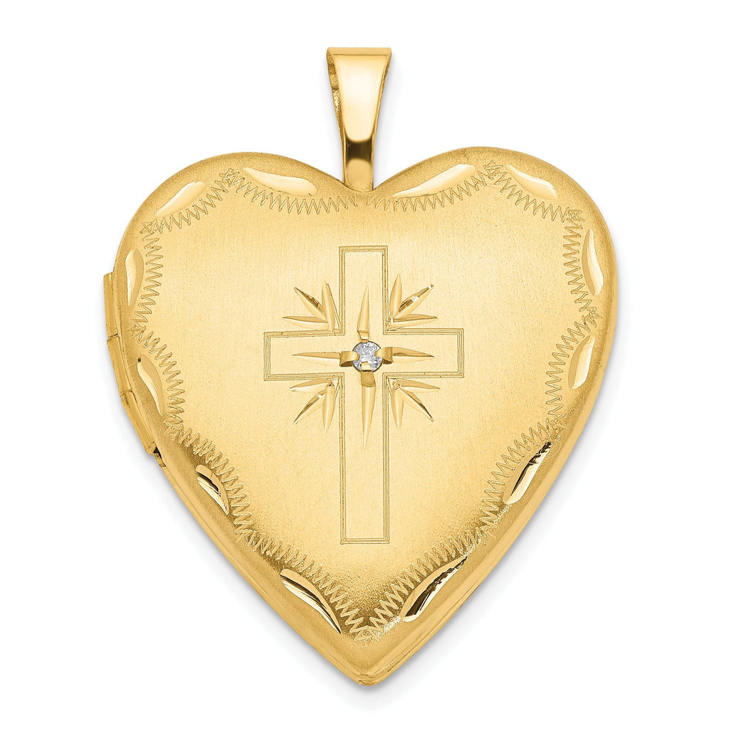 14Ky 20mm Diamond Satin & Diamond Cut  Cross Heart Locket