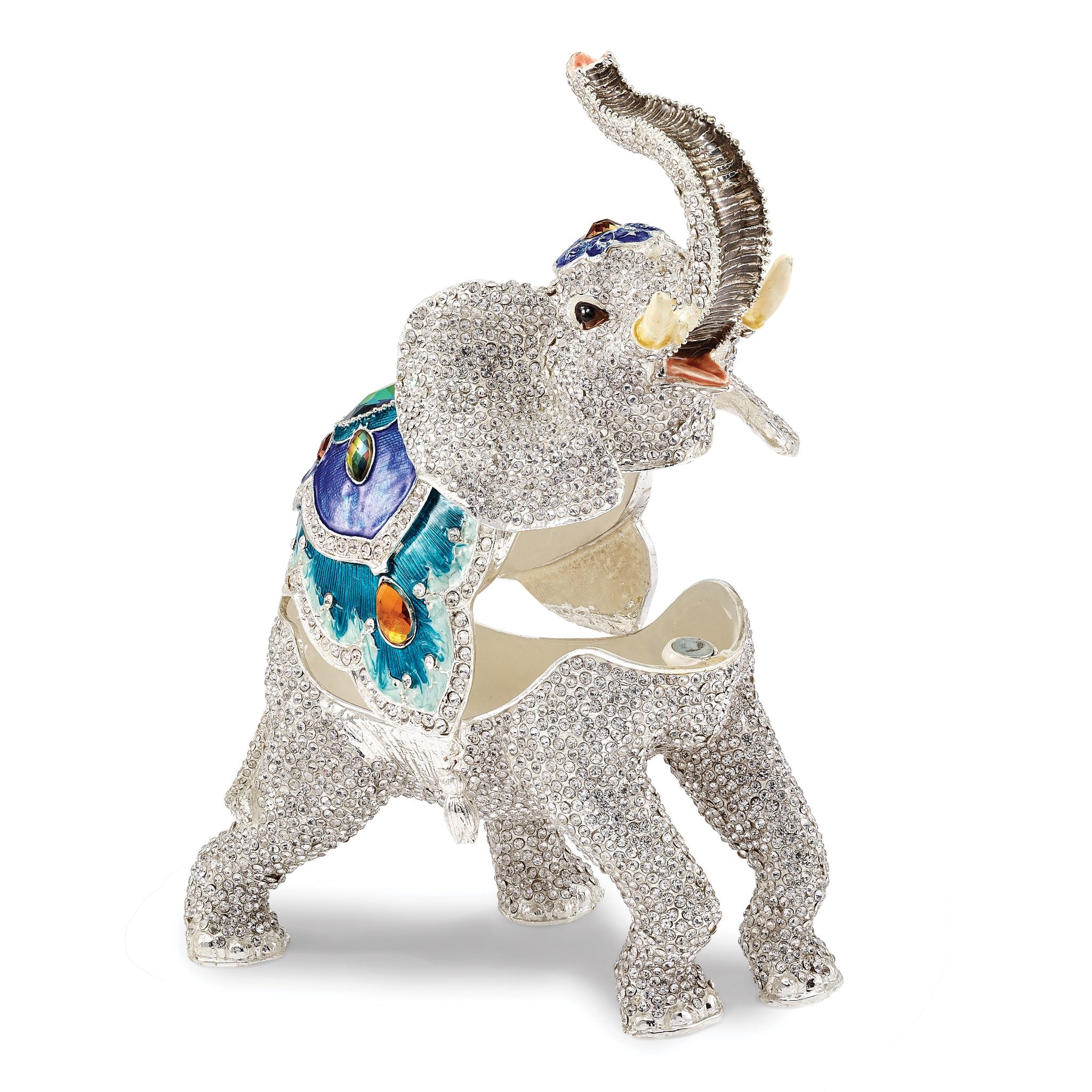 Luxury Giftware Pewter Bejeweled Crystals Gold-tone Enameled BAKUL Full Crystal White Elephant Trinket Box with Matching 18 Inch Necklace