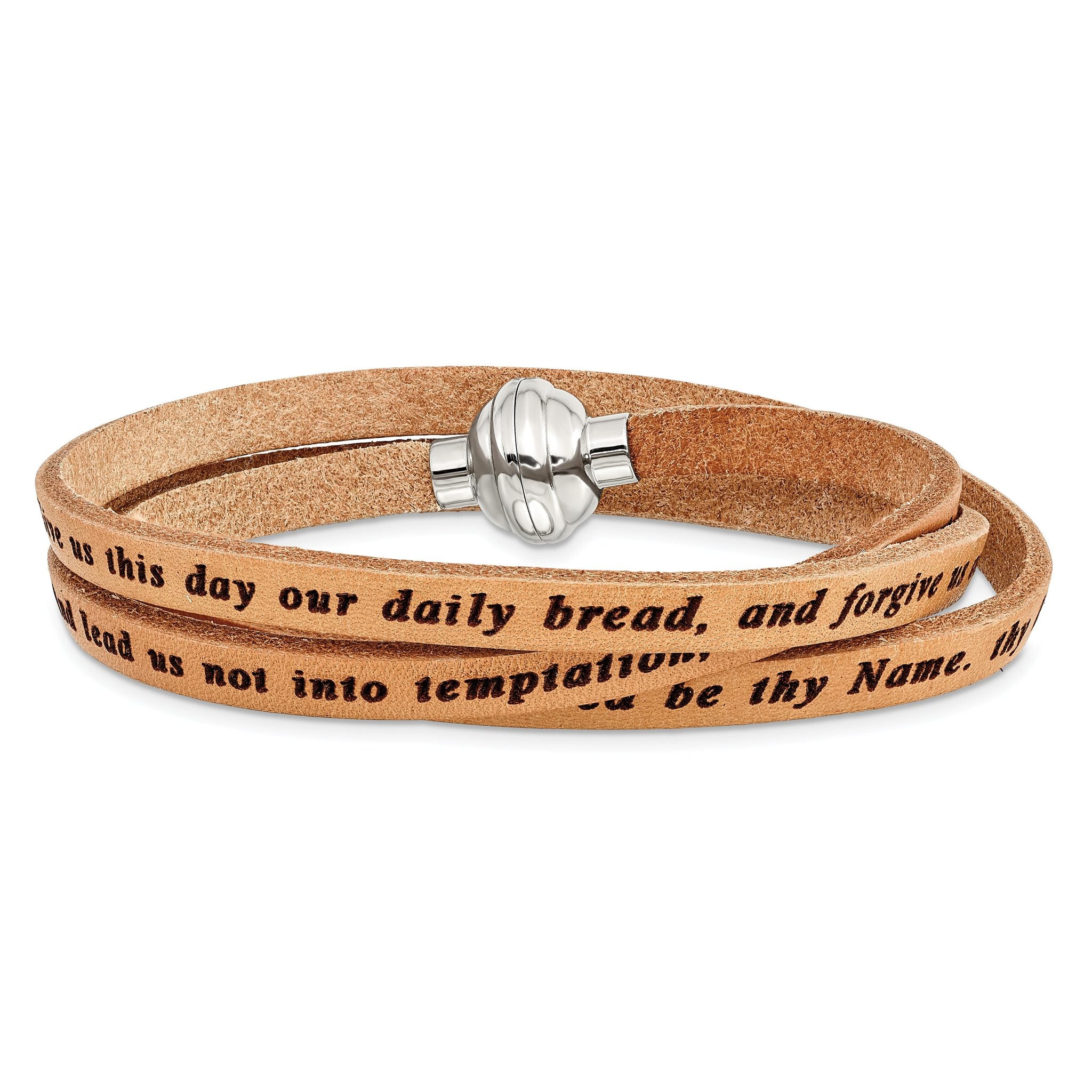 AMEN Stainless Steel Lord's Prayer Tan Leather Wrap with Magnetic Clasp with Magnetic Clasp 21 Inch Main image