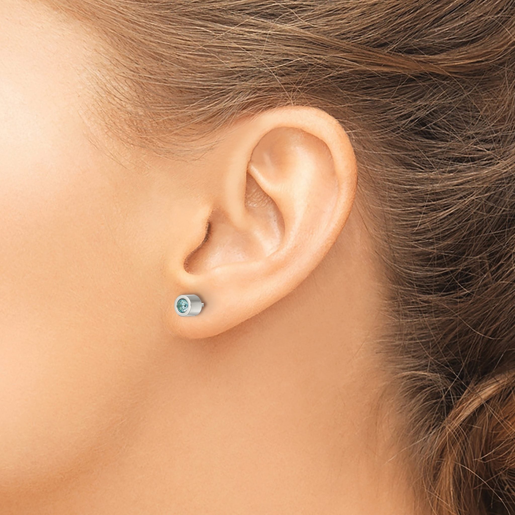 Stainless Steel Polished Blue Cubic Zirconia Birthstone Stud Earrings for Women