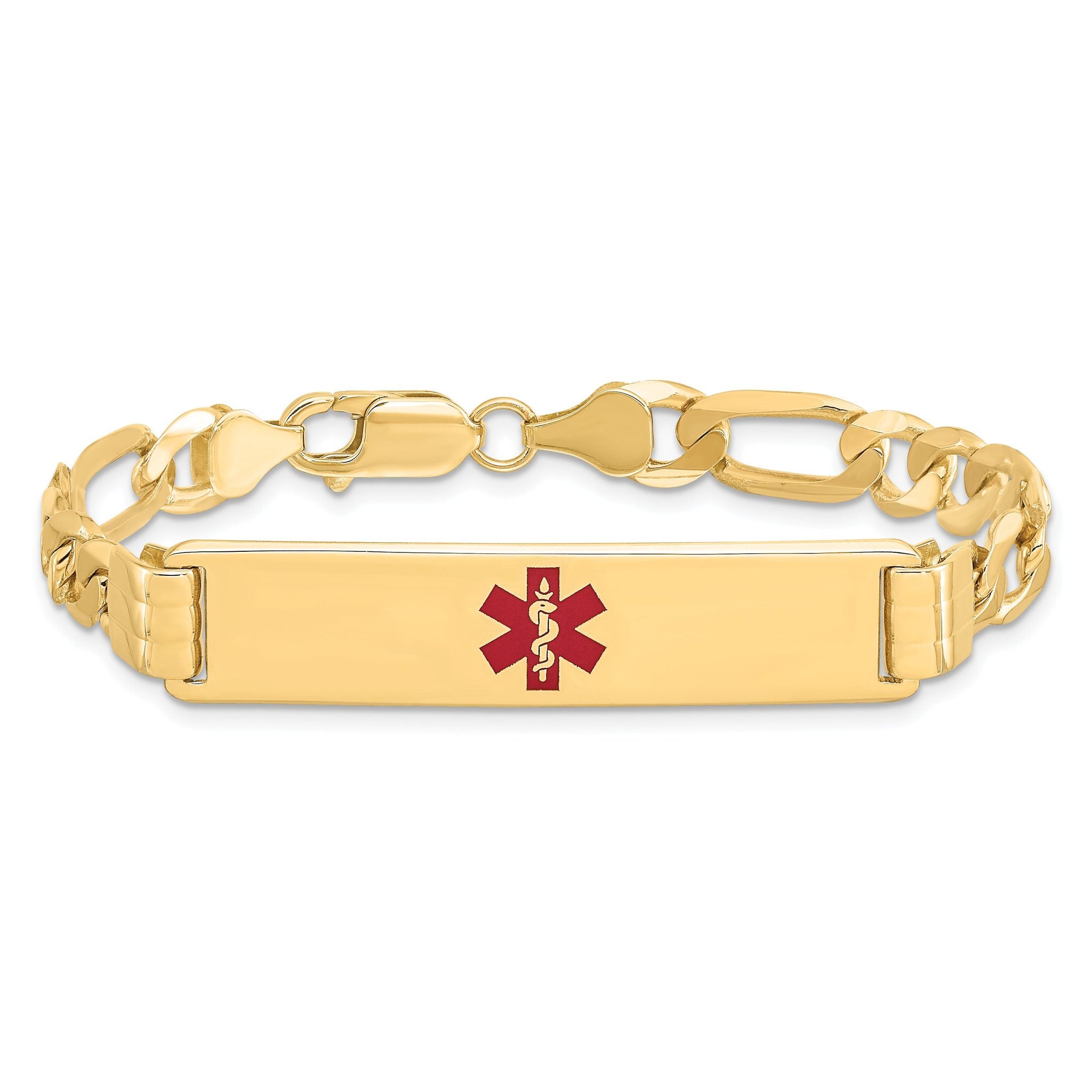 14K Medical Solid Chain/Solid Plate 40x10mm Centered Red Enamel Flat Figaro Link 7 inch ID Bracelet Secondary image