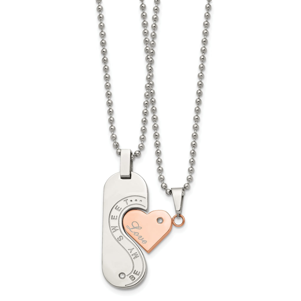 Rose-Tone CZ Heart Pendant Necklace Set in Stainless Steel
