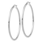 10K White Gold Polished Hoop Earrings with Rhodium Finish, 2mm Tube