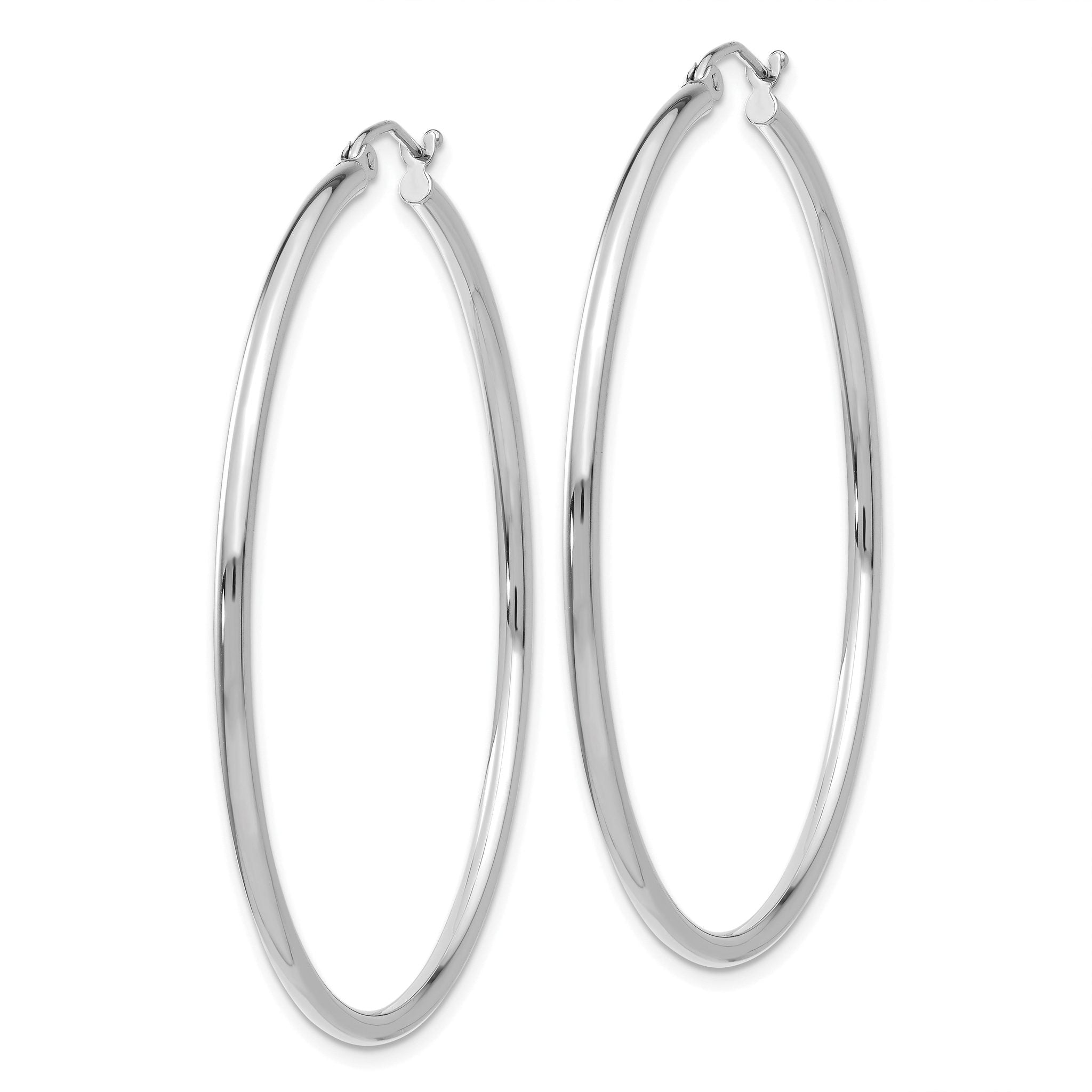 10K White Gold Polished Hoop Earrings with Rhodium Finish, 2mm Tube