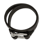 Stainless Steel Polished Shackle Textured Black Leather Wrap Bracelet for Men
