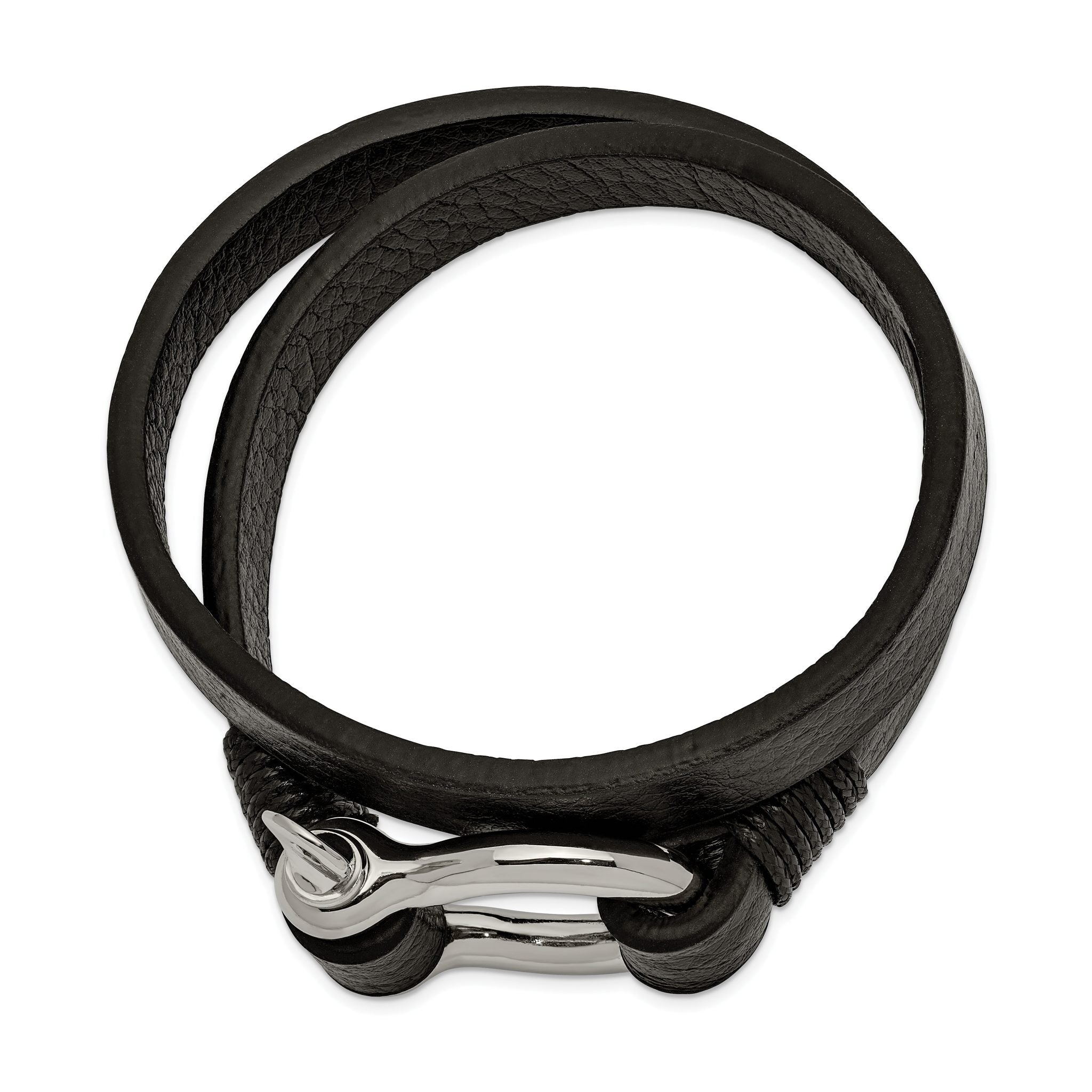 Stainless Steel Polished Shackle Textured Black Leather Wrap Bracelet for Men