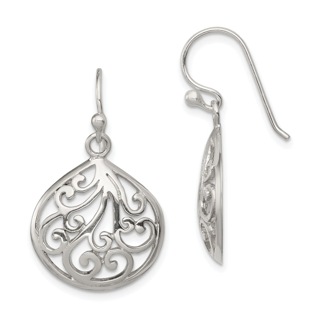 Sterling Silver Filigree Teardrop Dangle Earrings with Polished Finish