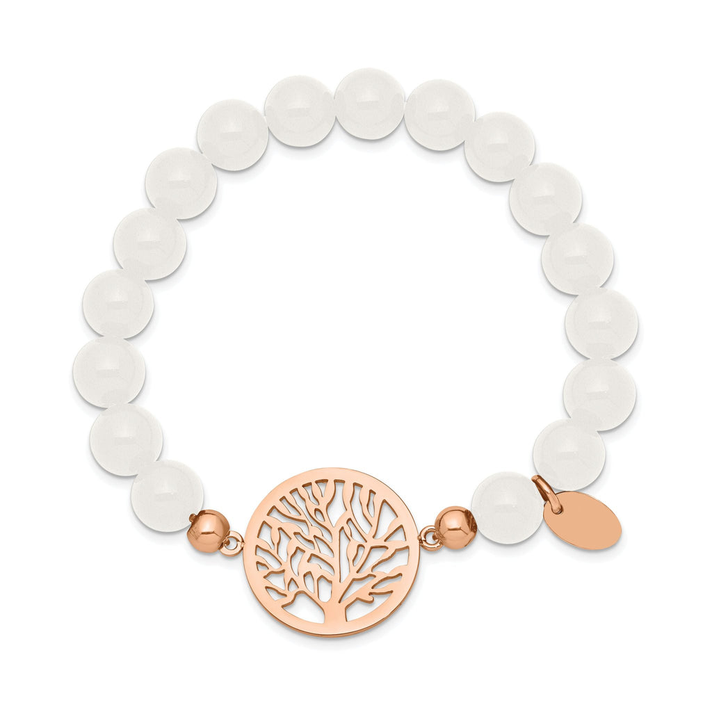 Stainless Steel Polished Rose IP-plated Tree of Life 8mm White Jade Beaded Stretch Bracelet for Women