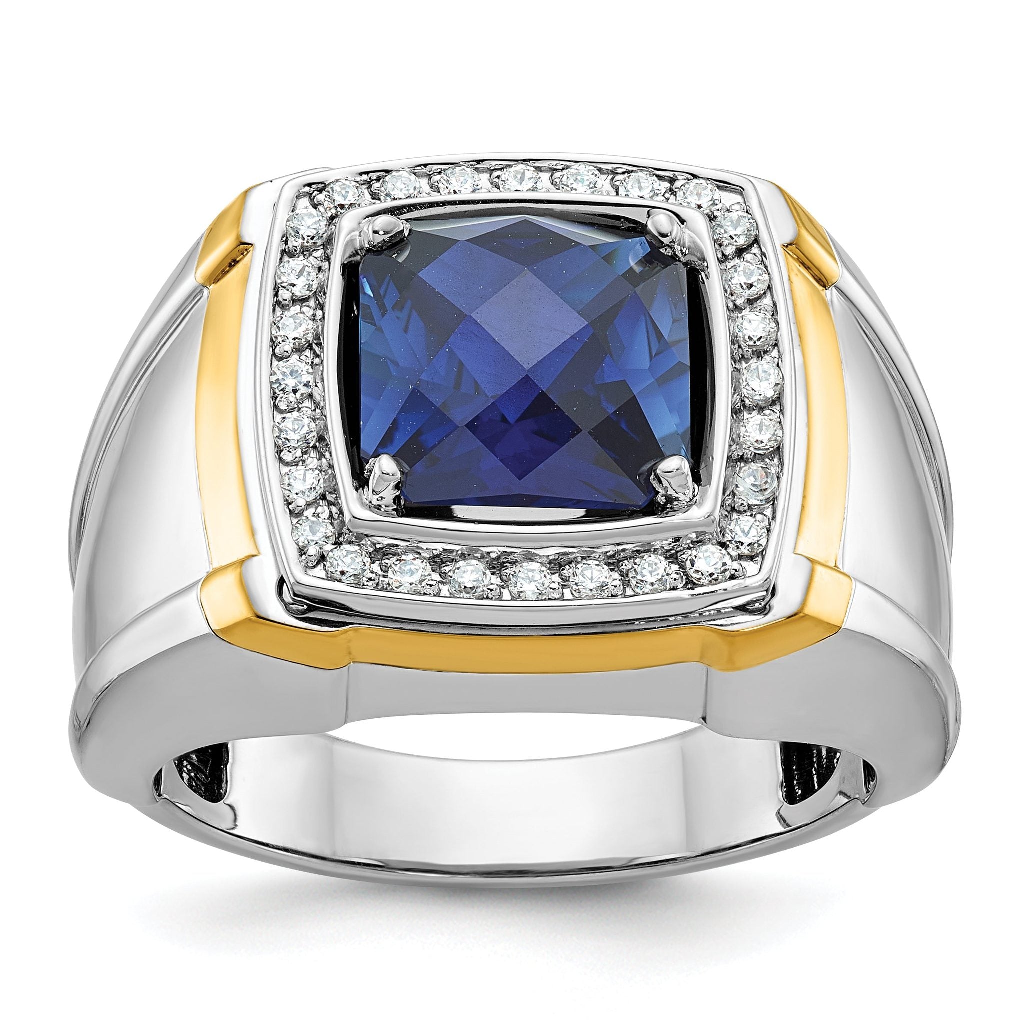 10k Two-tone Men's Polished Lab Created Sapphire and A Quality Diamond Ring Main image