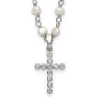 Sterling Silver Pearl CZ Cross Necklace with Rhodium-Plated Chain