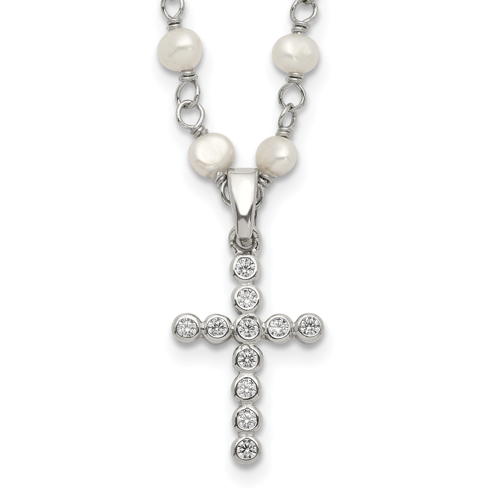 Sterling Silver Pearl CZ Cross Necklace with Rhodium-Plated Chain