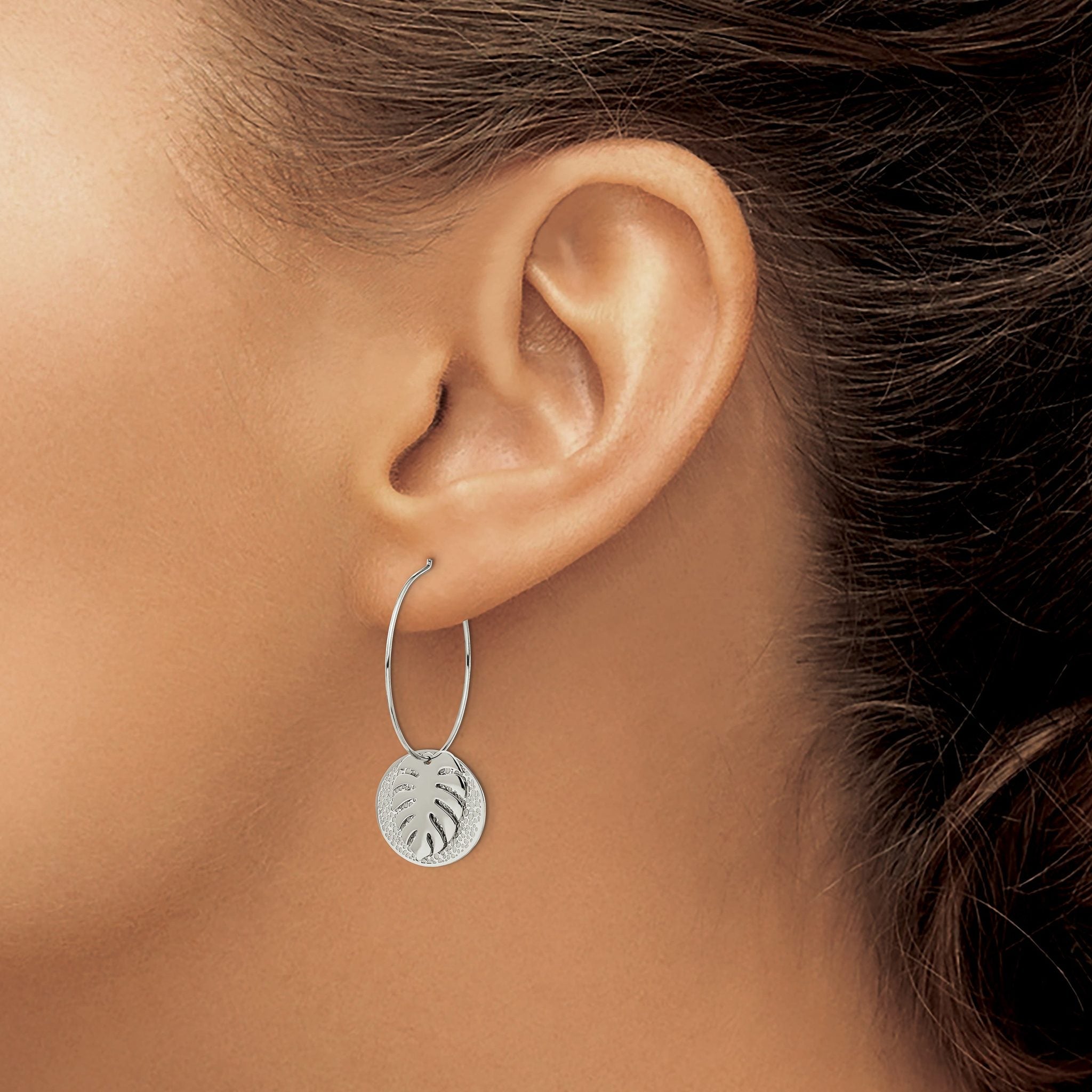 Stainless Steel Polished Textured Leaf Hoop Earrings for Women