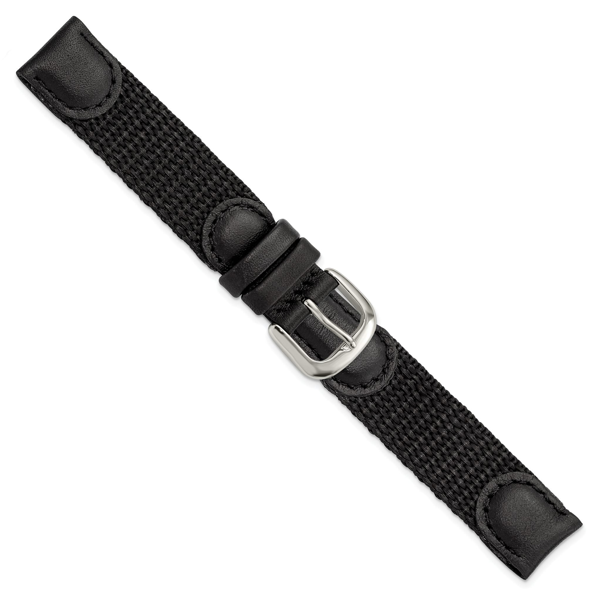 Army-Style Watch Band in Black Nylon & Leather, 16mm