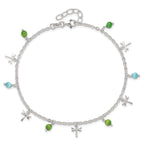 Sterling Silver Dragonfly with Aqua and Green Beads 10 inch Plus 1 inch Extender - Total 11 inch Anklet