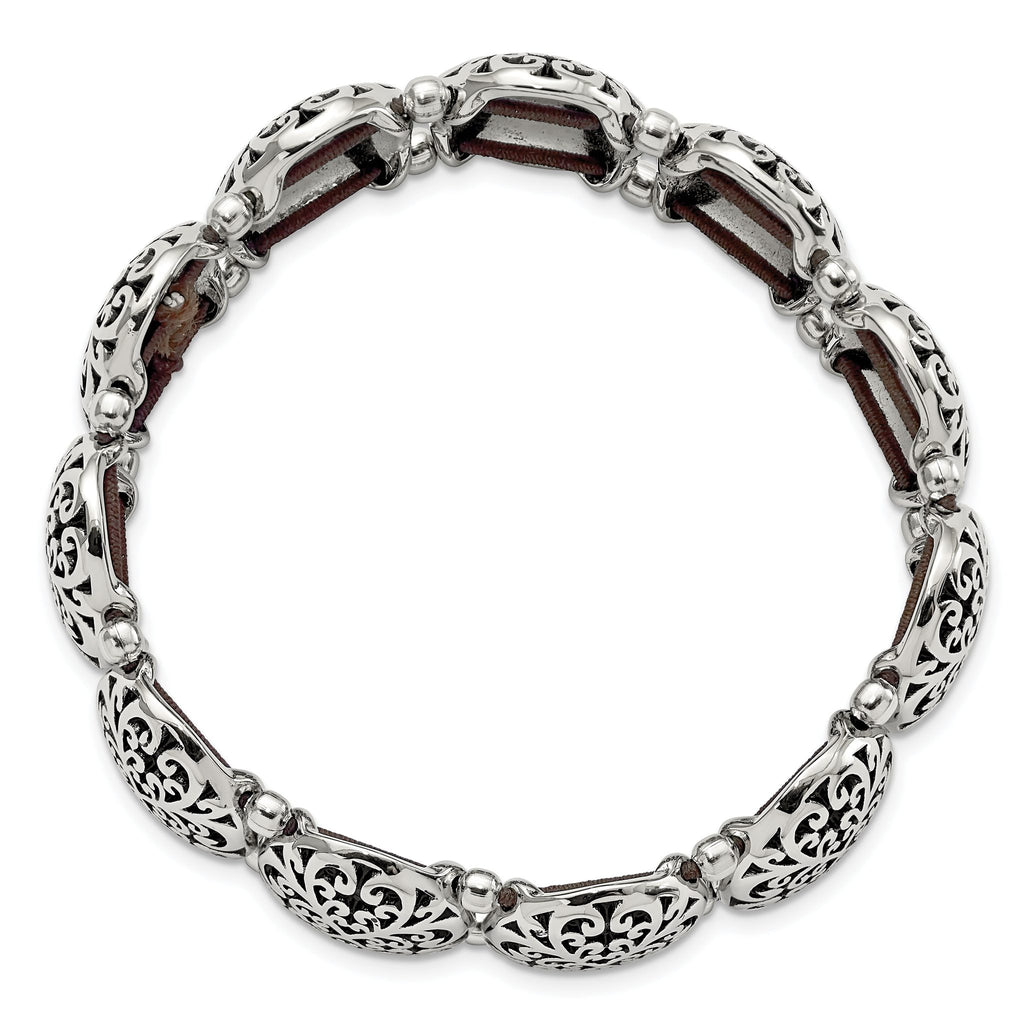 Stainless Steel Antiqued and Polished Oval Stretch Bracelet for Women