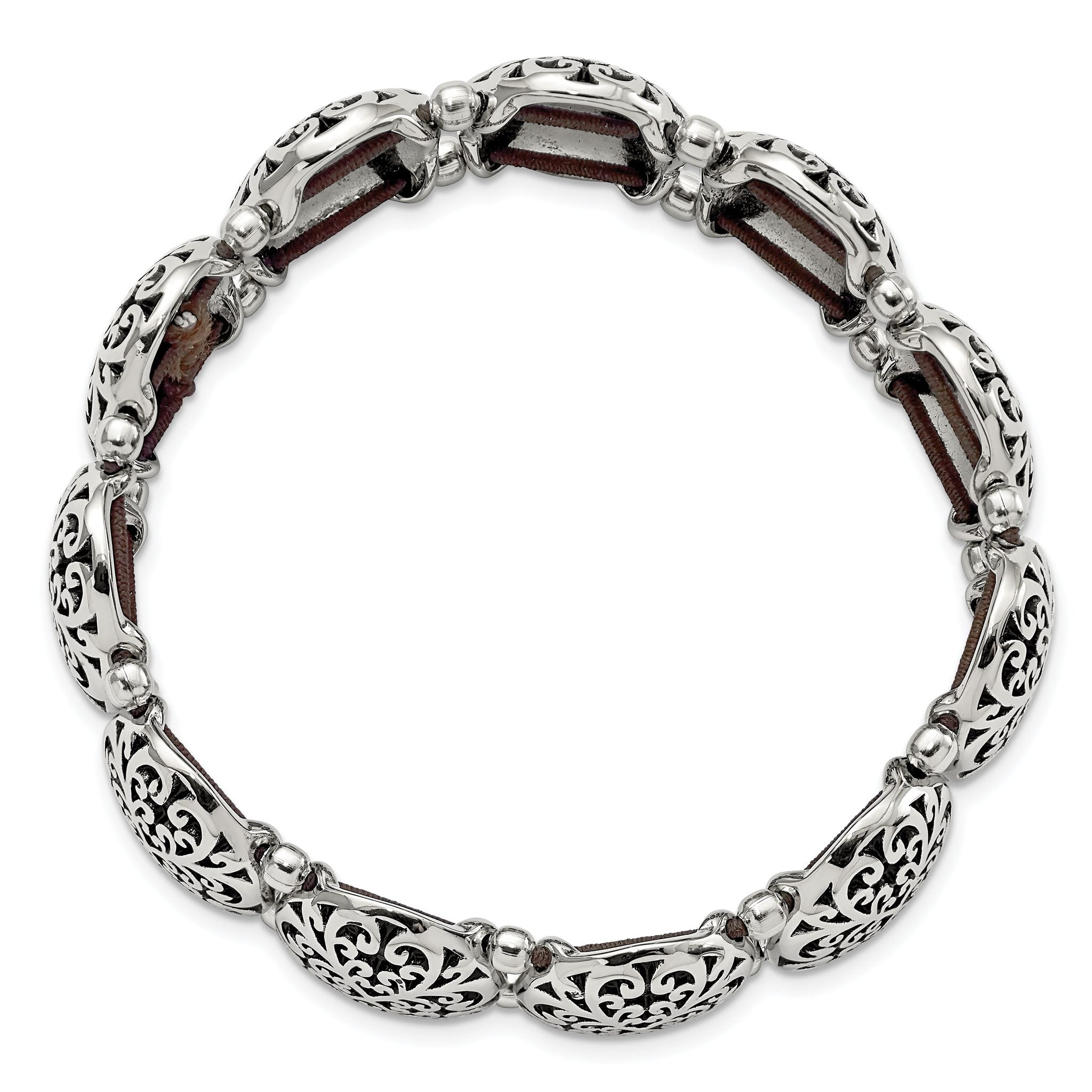 Stainless Steel Antiqued and Polished Oval Stretch Bracelet for Women