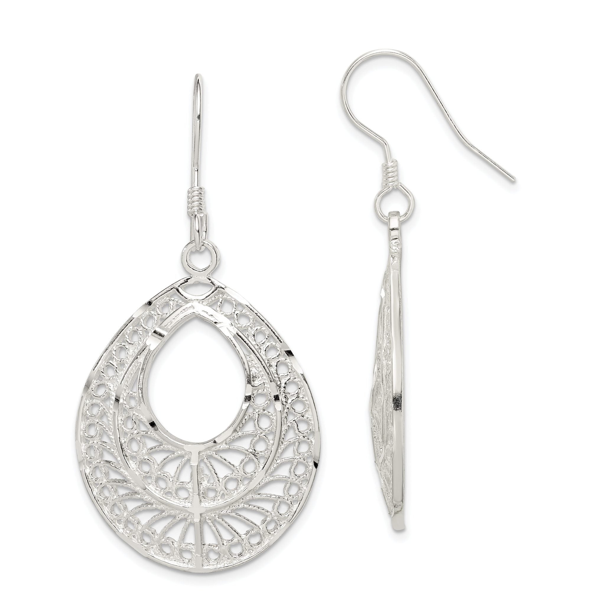 Sterling Silver Filigree Teardrop Dangle Earrings with Polished Diamond-Cut Finish