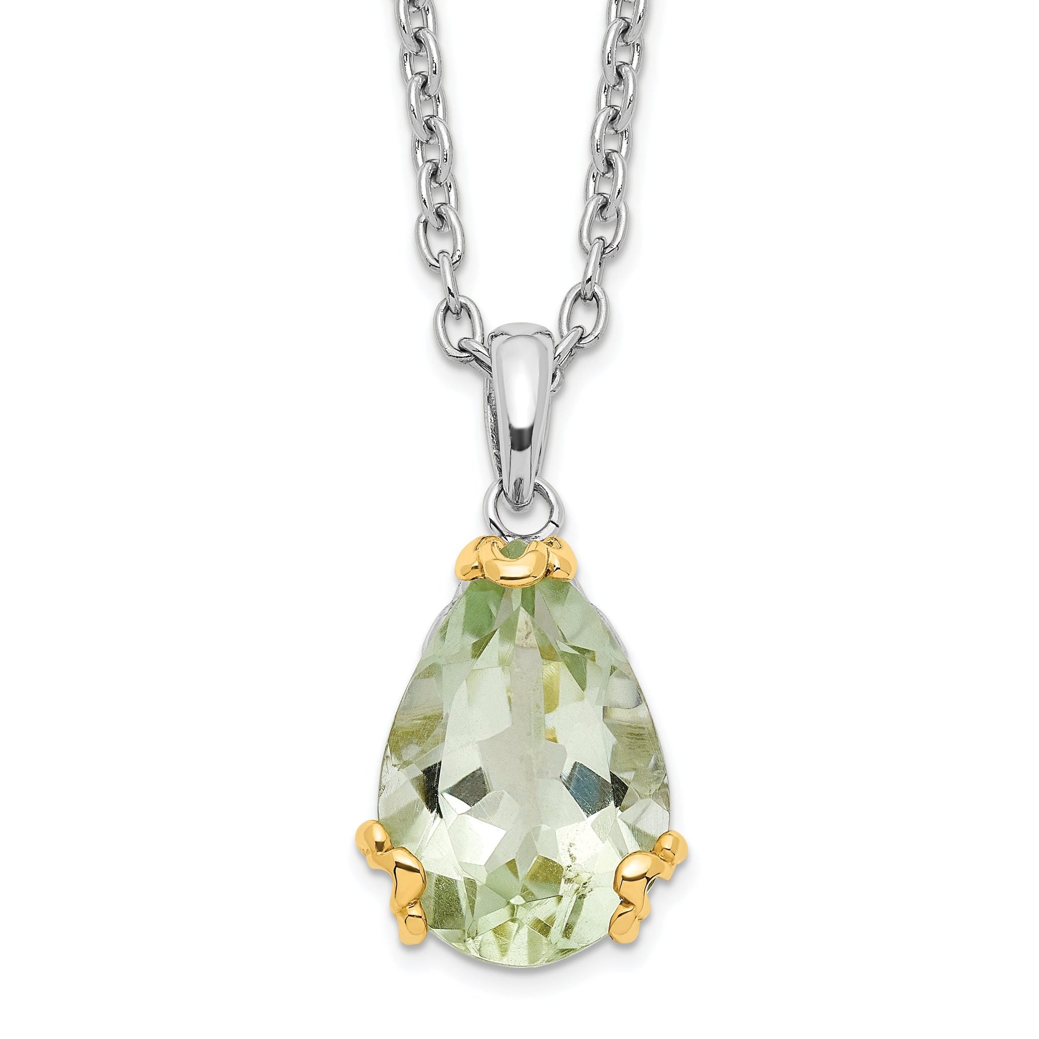 Brilliant Gemstones Sterling Silver with 14K Accent Rhodium-plated Green Quartz 18 Inch Necklace with 2 Inch Extender Main image