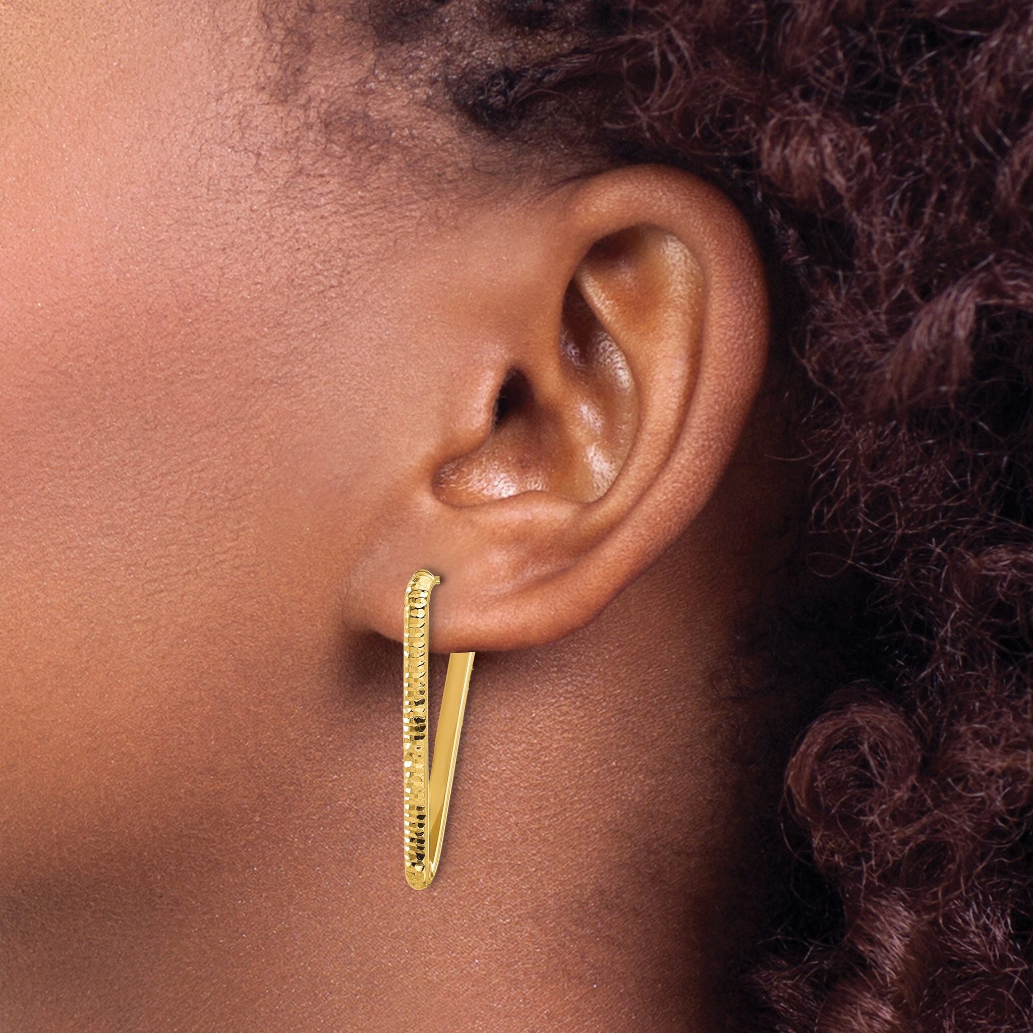 14K Polished and Diamond-cut Triangle J-Hoop Post Earrings