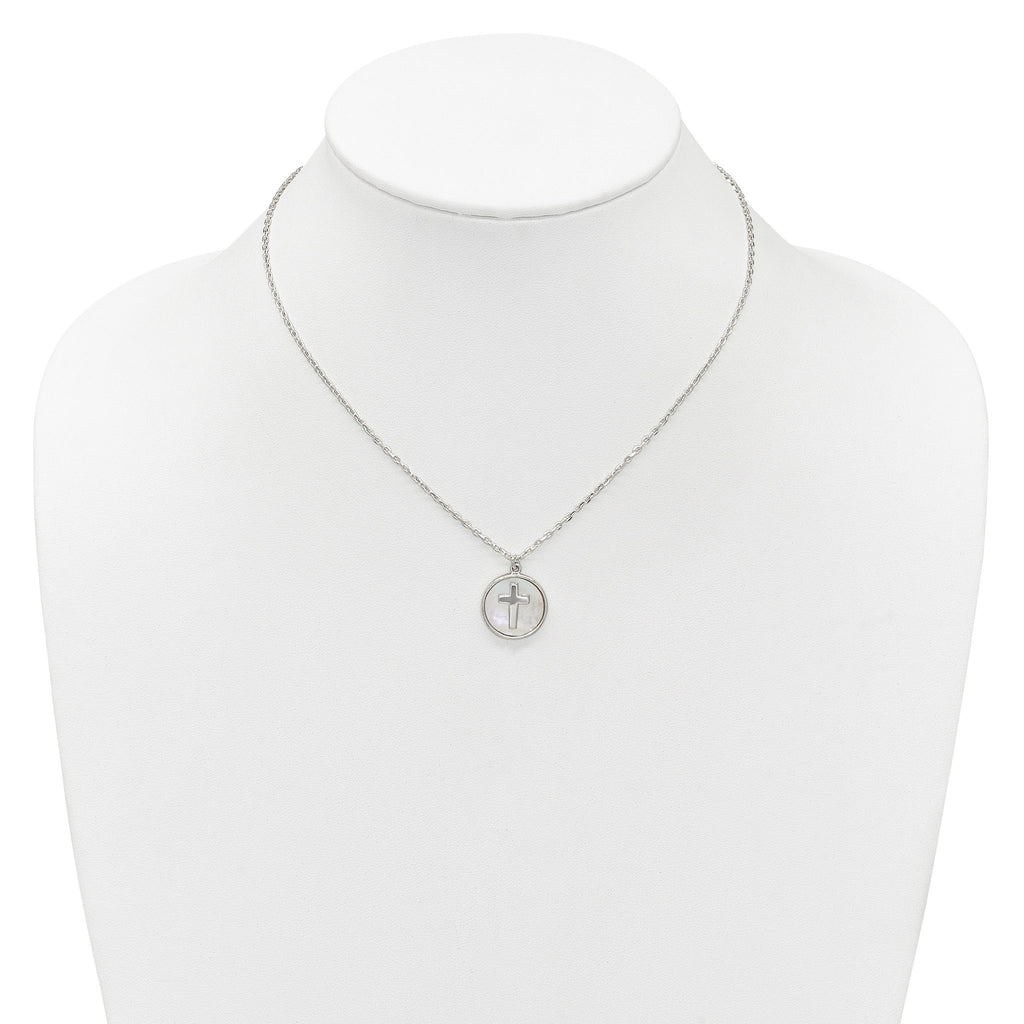Sterling Silver Polished Mother Of Pearl Circle with Cross 16 inch Necklace