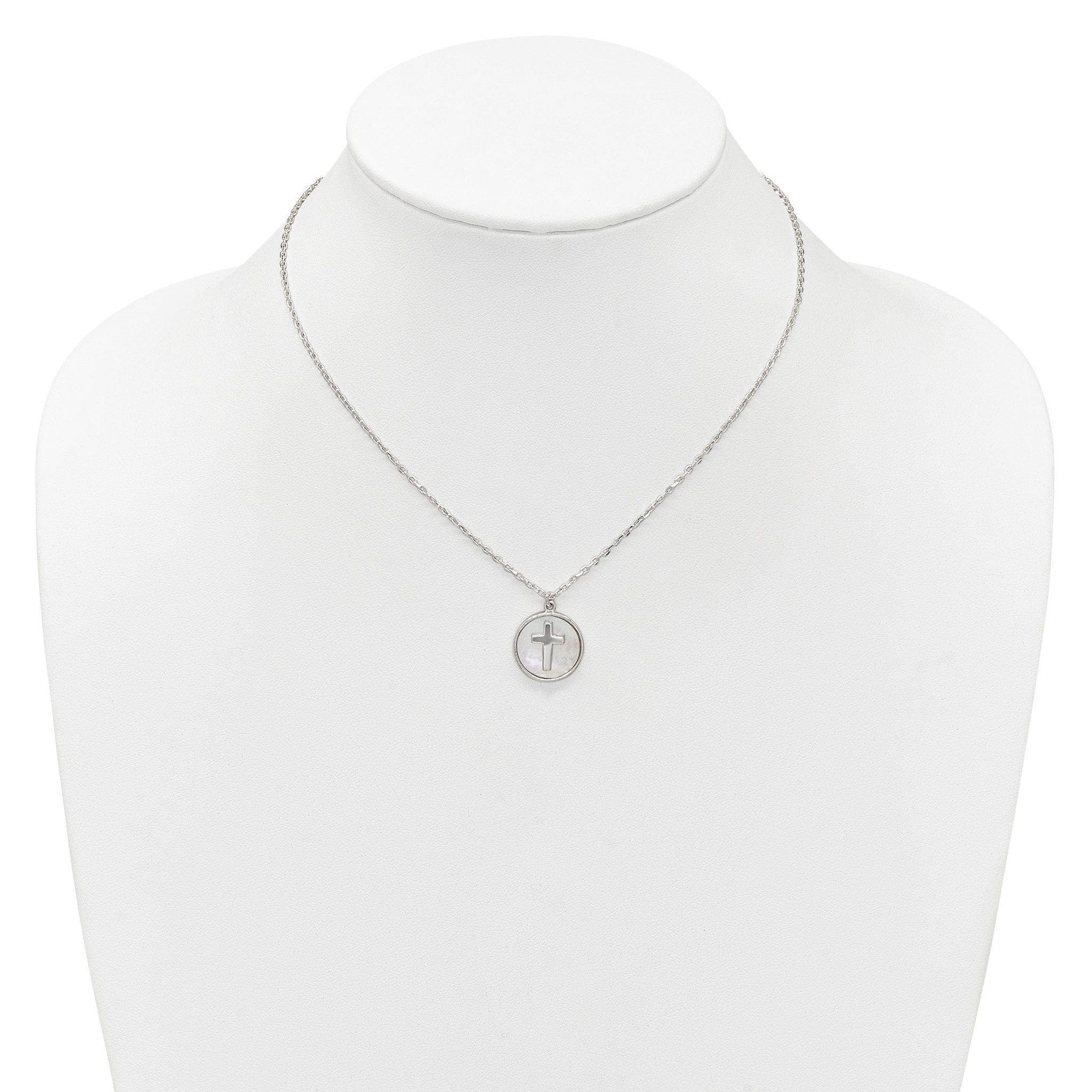 Sterling Silver Polished Mother Of Pearl Circle with Cross 16 inch Necklace