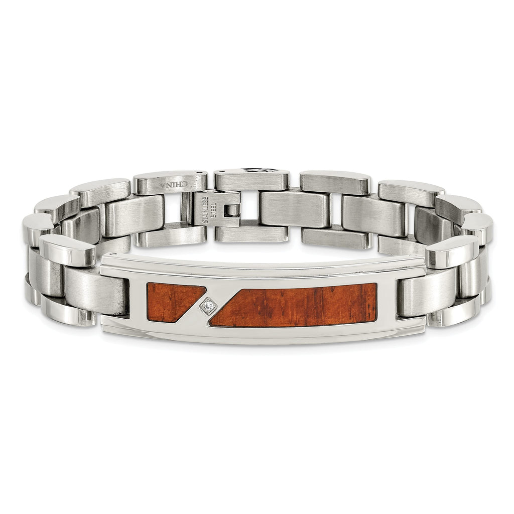 Stainless Steel Brushed and Polished with Wood Inlay and Cubic Zirconia Link ID Bracelet for Men