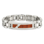 Stainless Steel Brushed and Polished with Wood Inlay and Cubic Zirconia Link ID Bracelet for Men