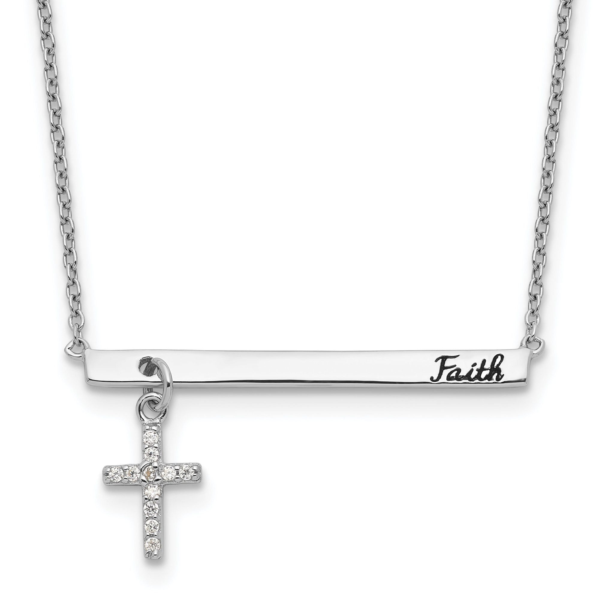 Sterling Silver RH-plated CZ Cross Black Enamel FAITH Bar Necklace Main image